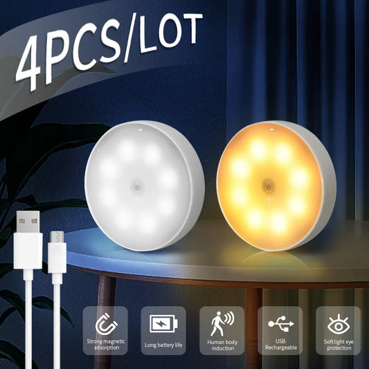 "Enhance Your Home with 4Pcs USB Rechargeable Motion Sensor LED Night Lights - Perfect for Bedroom, Kitchen, and More!"