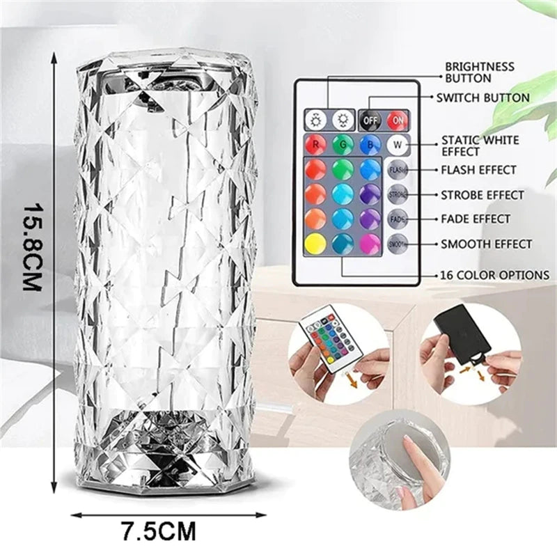 "Romantic LED Crystal Table Lamp - Create a Dreamy Atmosphere with Touch Control, USB Powered Night Light for Bedroom"